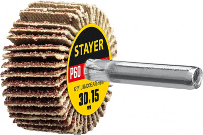 Stayer d 30 x 15 мм, p60, на шпильке d 6 мм, круг шлифовальный лепестковый (36606-060)