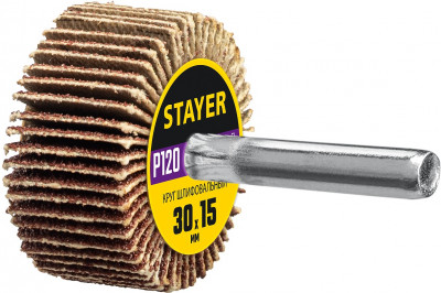 Stayer d 30 x 15 мм, p120, на шпильке d 6 мм, круг шлифовальный лепестковый (36606-120)