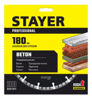 Stayer beton, 180 мм, (22.2 мм, 7 х 2.2 мм), алмазный диск, professional (3660-180)