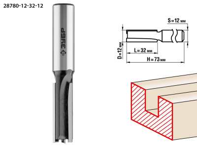 ЗУБР 12 x 32 мм, хвостовик 12 мм, фреза пазовая прямая, профессионал (28780-12-32-12)