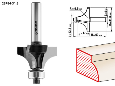 ЗУБР 31.8 x 17 мм, радиус 9.5 мм, фреза кромочная калевочная №1, профессионал (28784-31.8)