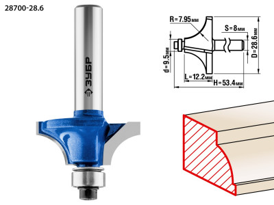ЗУБР 28.6 x 12.2 мм, радиус 8 мм, фреза кромочная калевочная №1, профессионал (28700-28.6)