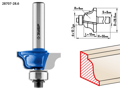 ЗУБР 28.6 x 12 мм, радиус 4 мм, фреза кромочная калевочная №6, профессионал (28707-28.6)