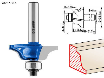 ЗУБР 38.1 x 18 мм, радиус 6.3 мм, фреза кромочная калевочная №6, профессионал (28707-38.1)