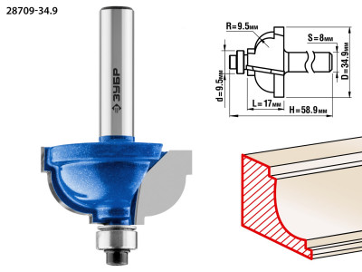 ЗУБР 34.9 x 19 мм, радиус 9.5 мм, фреза кромочная калевочная №7, профессионал (28709-34.9)