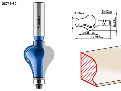 ЗУБР 32 x 38 мм, хвостовик 12 мм, фреза кромочная фигурная №7, профессионал (28718-32)
