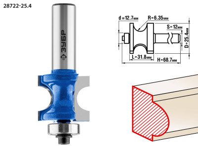 ЗУБР 25.4 x 31.8 мм, радиус 6.3 мм, фреза полустержневая с подшипником, профессионал (28722-25.4)