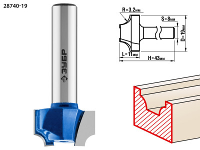 ЗУБР 19 x 11 мм, радиус 3.2 мм, фреза пазовая фасонная №1, профессионал (28740-19)