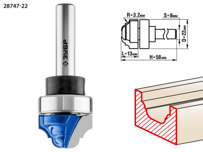 ЗУБР 22 x 13 мм, радиус 3.2 мм, фреза пазовая фасонная с верхним подшипником, профессионал (28747-22)