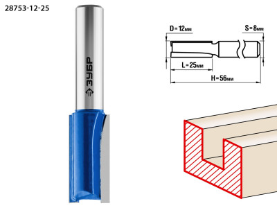 ЗУБР 12 x 25 мм, хвостовик 8 мм, фреза пазовая прямая, профессионал (28753-12-25)