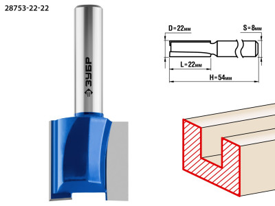 ЗУБР 22 x 22 мм, хвостовик 8 мм, фреза пазовая прямая, профессионал (28753-22-22)