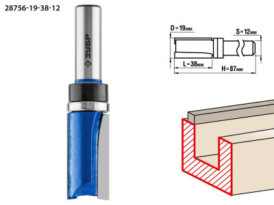 ЗУБР 19 x 38 мм, хвостовик 12 мм, фреза пазовая прямая с верхним подшипником. , профессионал (28756-19-38-12)