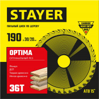 Stayer optima, 190 x 30/20 мм, 36т, оптимальный рез, пильный диск по дереву (3681-190-30-36)