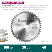 Kraftool multi material, 160 х 20 мм, 48т, пильный диск по алюминию (36953-160-20)