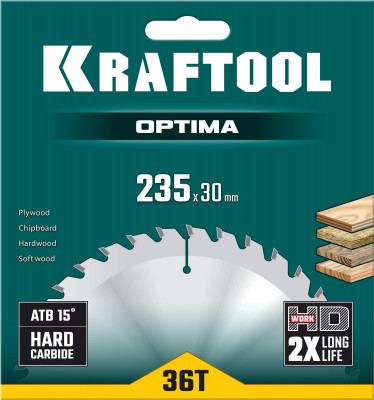 Kraftool optima, 235 х 30 мм, 36т, пильный диск по дереву (36951-235-30)