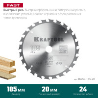 Kraftool fast, 185 х 20 мм, 24т, пильный диск по дереву (36950-185-20)