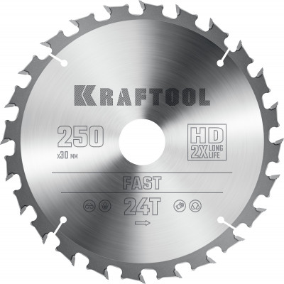 Kraftool fast, 250 х 30 мм, 24т, пильный диск по дереву (36950-250-30)