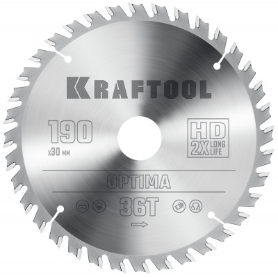 Kraftool optima, 190 х 30 мм, 36т, пильный диск по дереву (36951-190-30)