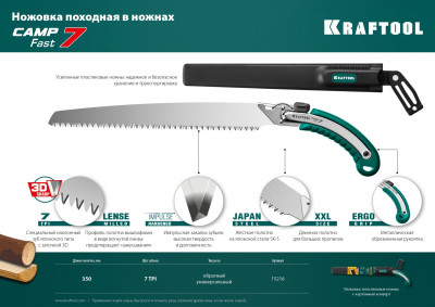 Kraftool camp fast 7, 350 мм, ножовка для быстрого реза сырой древесины (15216)