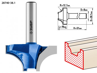 ЗУБР 38.1 x 19 мм, радиус 12.7 мм, фреза пазовая фасонная №1, профессионал (28740-38.1)