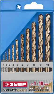 Набор сверл по металлу 10 шт (d=1-10 мм) кобальт, сталь р6м5к5, класс а, ЗУБР 
