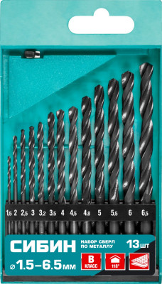 Сибин 13 шт, (1.5-6.5 мм), быстрорежущая сталь, класс в, набор сверл по металлу (29610-h13)
