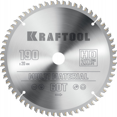 Kraftool multi material, 190 х 20 мм, 60т, пильный диск по алюминию (36953-190-20)