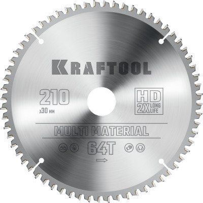 Kraftool multi material, 210 х 30 мм, 64т, пильный диск по алюминию (36953-210-30)