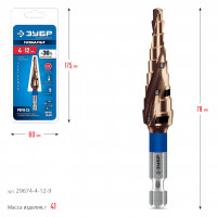 ЗУБР кобальт 4-12мм, 9 ступеней, винтовая проточка, сверло ступенчатое, серия профессионал(29674-4-12-9)