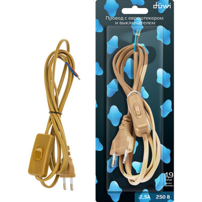 Проходной клавишный выключатель duwi  REV 2,5А с проводом и евровилкой, 1.9м, 24516 2