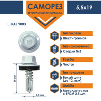 Кровельный саморез Daxmer 5,5x19 RAL 9003 сверло №3, 250шт 00000304283