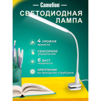 Настольный светильник, белый, LED, 6Вт, зажим-струбцина, 230В, сенсорное включение, 4 уровня яркости, 4000К Camelion KD-793 C01 12490
