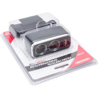 Разветвитель прикуривателя SKYWAY 2 гнезда + USB черный, предохранитель 10 А, USB 1 A S02301016