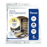 Cветодиодная LED лента 120SMD(3528)/м, 9.6Вт/м, 5м, IP65, 12V, теплый белый Feron LS613 27732