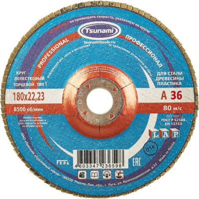 Круг лепестковый универсальный PROF (180х22 мм,  А36, 14А) Tsunami КЛТ1 D96100000P18036