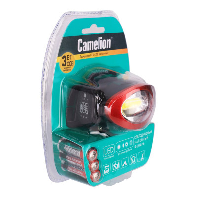 Налобный фонарь Camelion LED5382, черный, COB, 4 режима, 3XLR03 в комплекте, пластик, блистер 13366