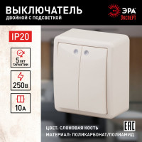 Двойной выключатель с подсветкой ЭРА 11-1205-02 10АХ-250В, IP20, ОУ, Эксперт, сл.кость Б0020667