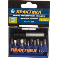 Набор бит (12 шт; PH; PZ; SL; Torx; 25 мм + магнитный держатель) ПРАКТИКА 036-513