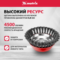 Щетка чашечная для УШМ (150 мм; М14; крученая проволока  0.8 мм) MATRIX 74626