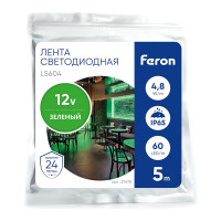 Cветодиодная LED лента FERON 60SMD(3528)/м, 4.8 Вт/м, 5м, IP65, 12V, зеленый LS604 27675