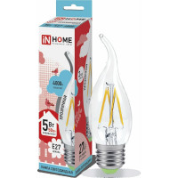 Светодиодная лампа IN HOME LED-СВЕЧА НА ВЕТРУ-deco 5Вт 230В Е27 4000К 450Лм прозрачная 4690612007656