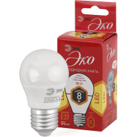 Светодиодная лампа ЭРА ECO LED P45-8W-827-E27, шар, теплый Б0030024
