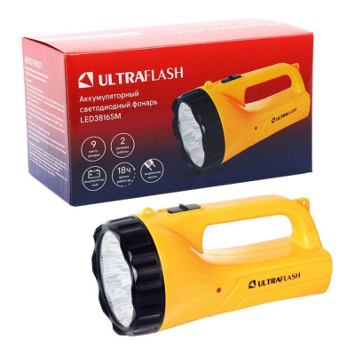 Аккумуляторный фонарь 220В, желтый, 9LED, 2 режима, SLA, пластик Ultraflash LED3816SM 12859