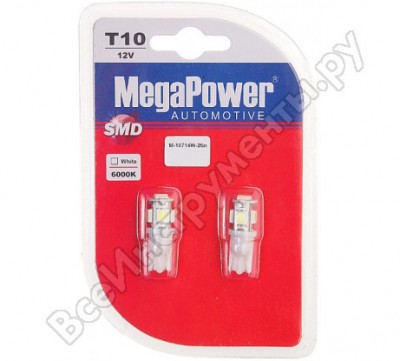 Megapower автолампа t10w w2,1x9,5d 5 smd 5050 white блистер m-10714w-2бл