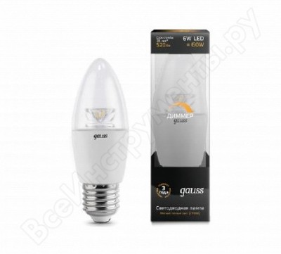 Gauss лампа LED candle crystal clear e27 6w 2700к диммируемая sq103202106-d