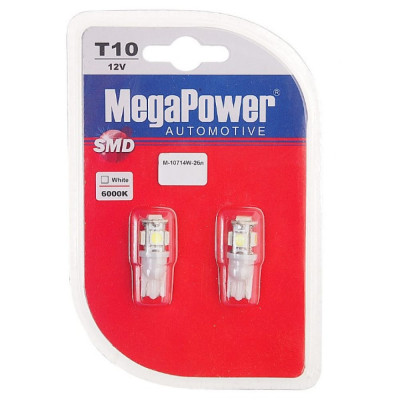 Megapower автолампа t10w w2,1x9,5d 5 smd 5050 white блистер m-10714w-2бл