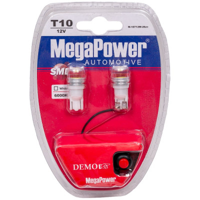 MEGAPOWER Автолампа T10W W2,1x9,5d 1 SMD 7080 WHITE 6000K 80лм 12V 10 100 10712