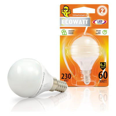 Ecowatt лампа св/диод. p45 230в 60w 2700k e14 теплый белый свет шарик 4606400419259