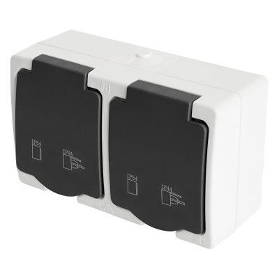 Двухместная розетка STEKKER с заземляющим контактом открытой установки, 250В, 16А, серый/графит 32754