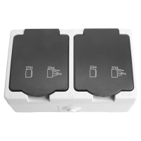 Двухместная розетка STEKKER с заземляющим контактом открытой установки, 250В, 16А, серый/графит 32754